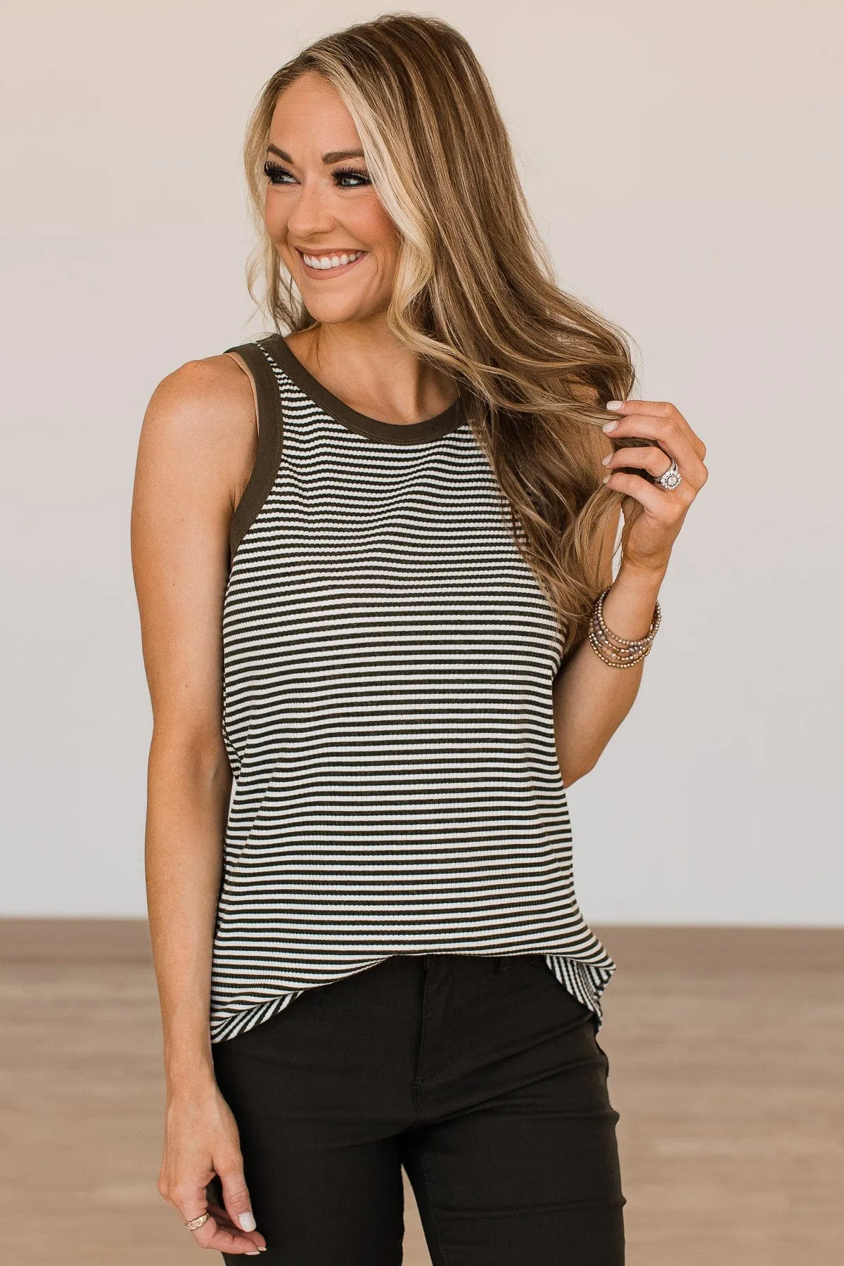 Be Who You Want To Be Striped Tank- Olive