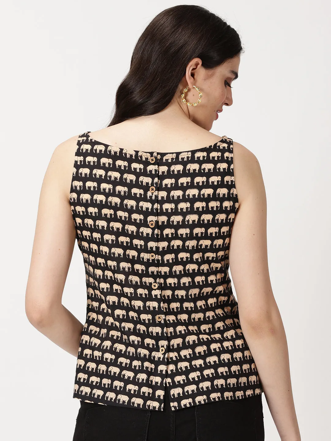Black Elephant Print Cotton Tank Top