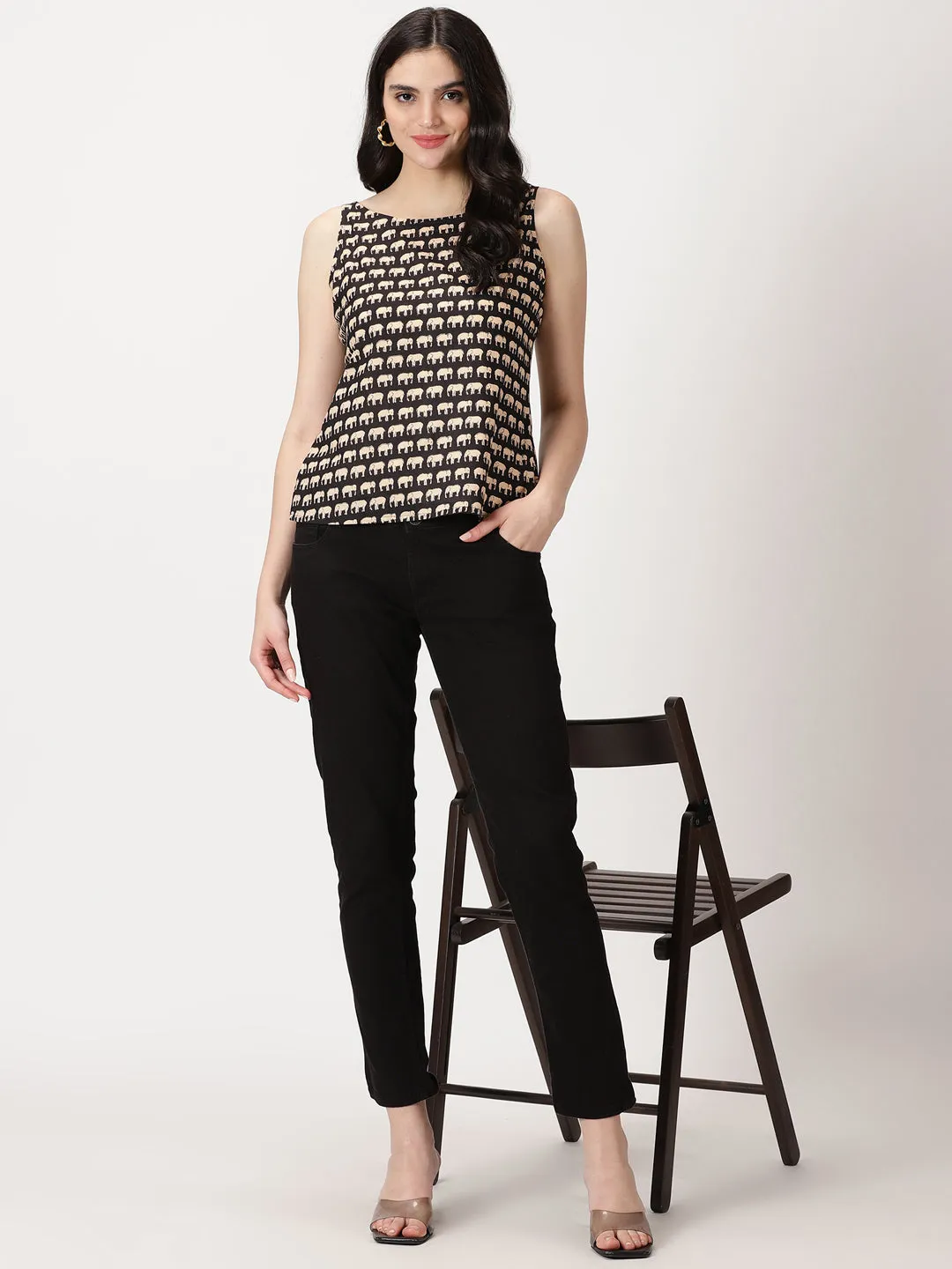 Black Elephant Print Cotton Tank Top
