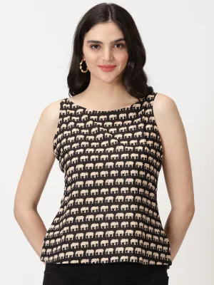 Black Elephant Print Cotton Tank Top
