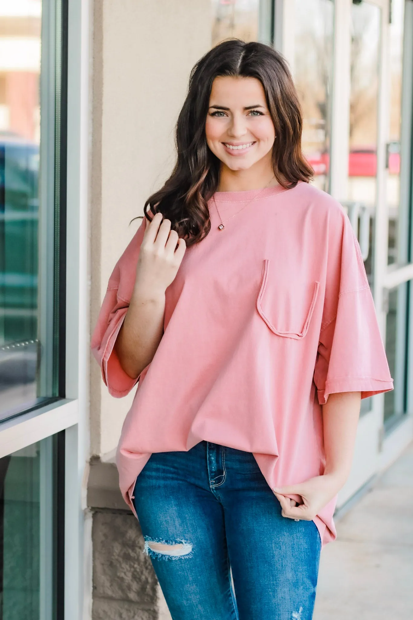 Call Me Casual Faux Pocket Tee in Faded Coral