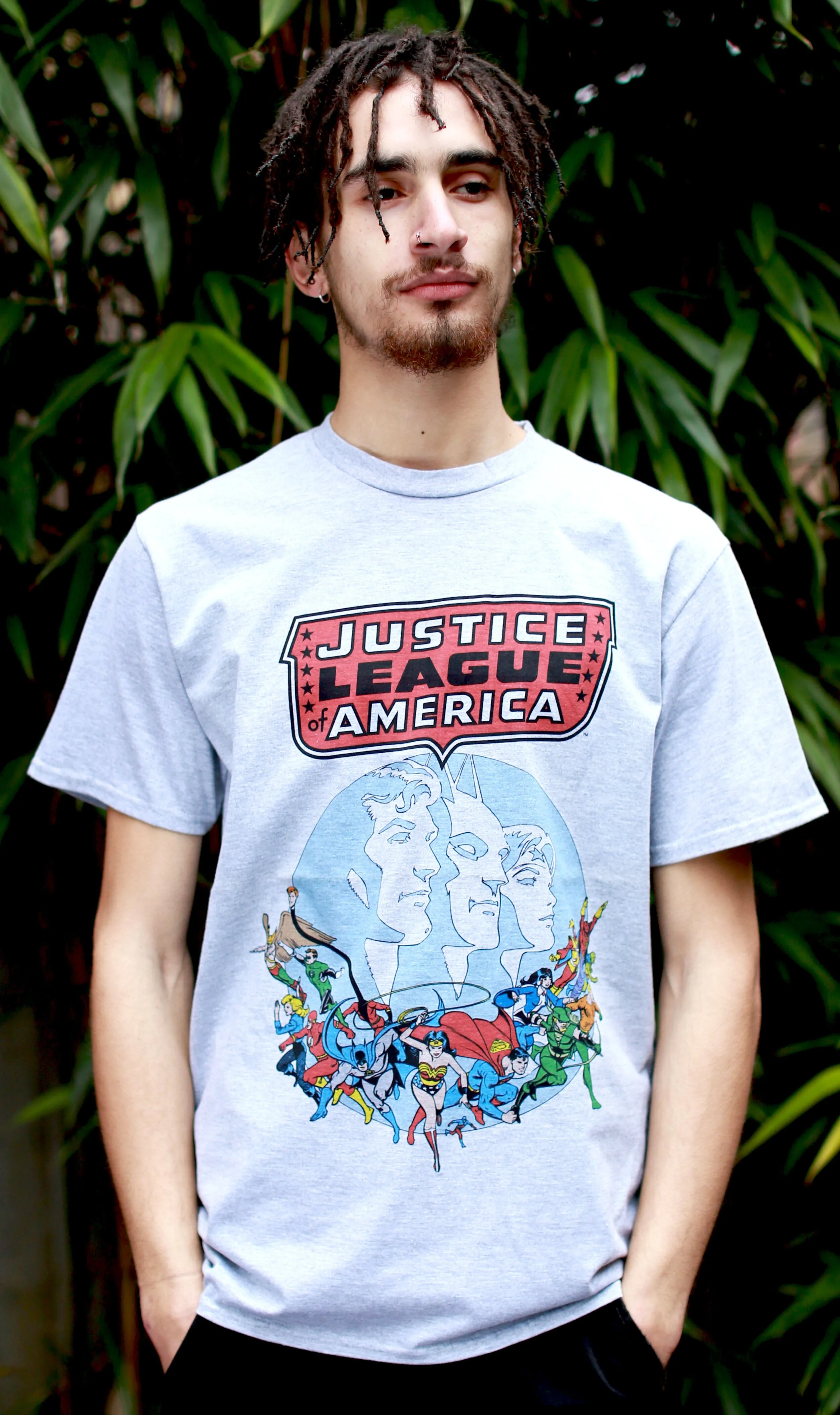 DC Comics Justice League America Splash Silver Age Official Men's T-shirt (Sports Grey)
