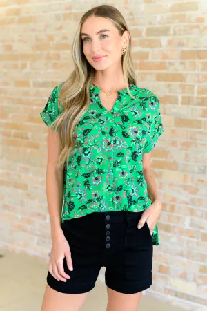 Hazel Blues® |  Lizzy Cap Sleeve Top in Green and Black Floral