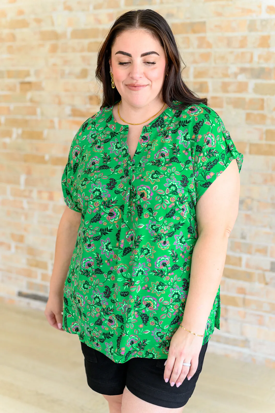 Hazel Blues® |  Lizzy Cap Sleeve Top in Green and Black Floral