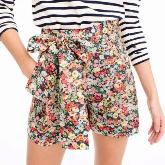J. Crew liberty fabric floral high waisted tie belt waist shorts women’s size 6
