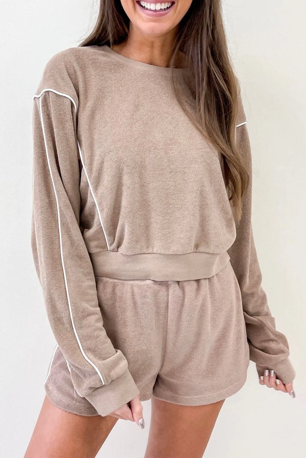 Khaki Exposed Seam Long Sleeve High Waist Shorts Set