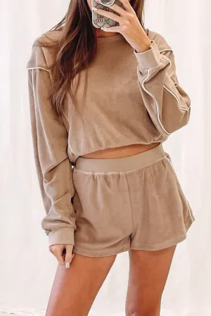 Khaki Exposed Seam Long Sleeve High Waist Shorts Set