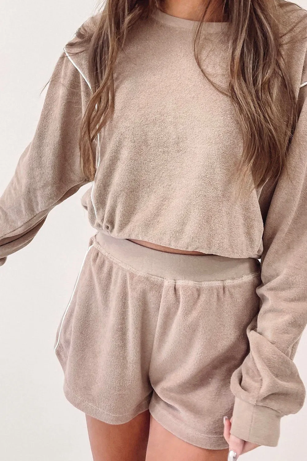 Khaki Exposed Seam Long Sleeve High Waist Shorts Set