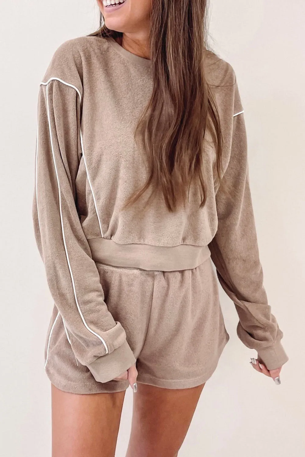 Khaki Exposed Seam Long Sleeve High Waist Shorts Set