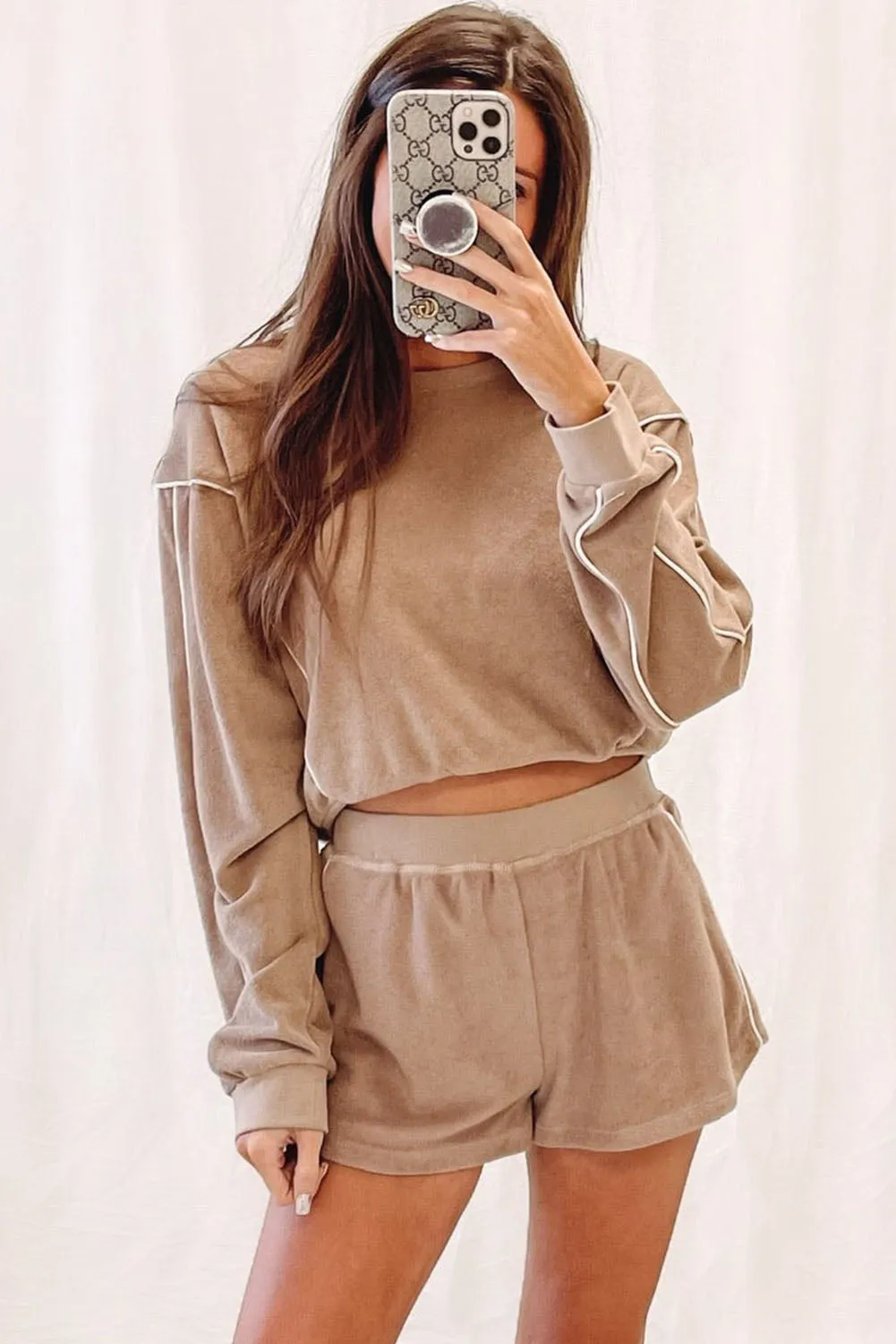 Khaki Exposed Seam Long Sleeve High Waist Shorts Set