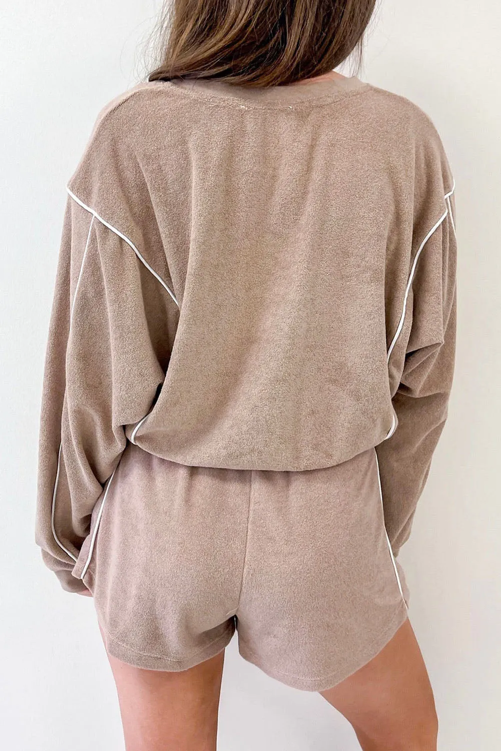 Khaki Exposed Seam Long Sleeve High Waist Shorts Set