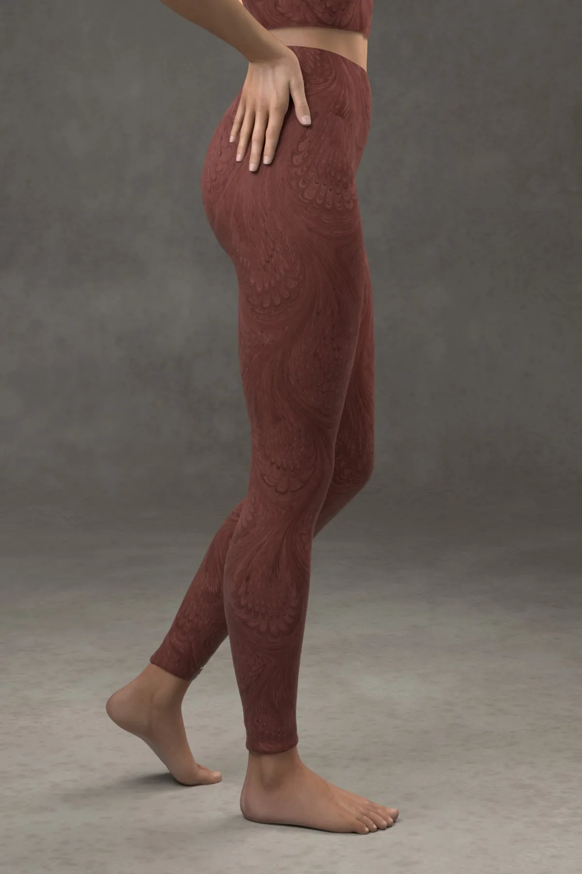 Marbled Peacock Yoga Leggings: Burgundy