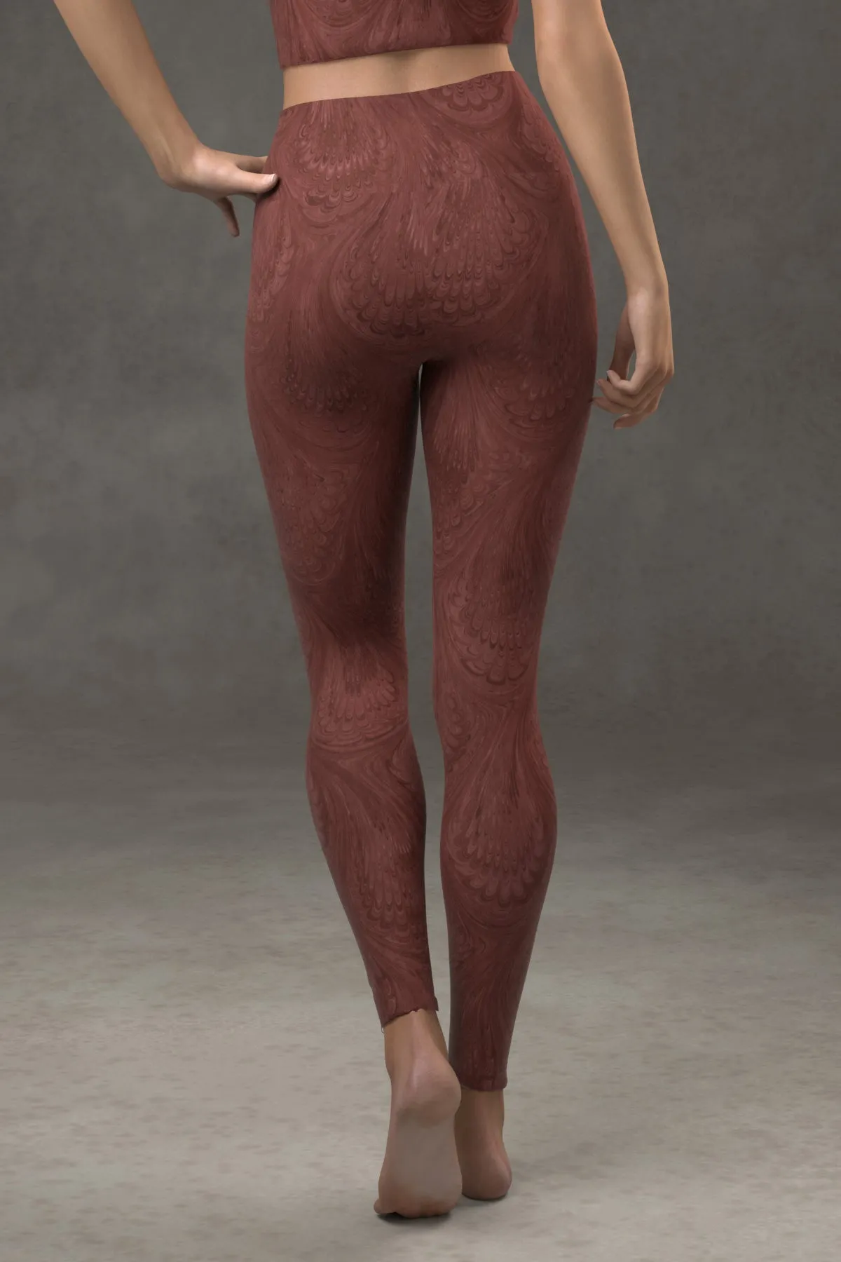 Marbled Peacock Yoga Leggings: Burgundy
