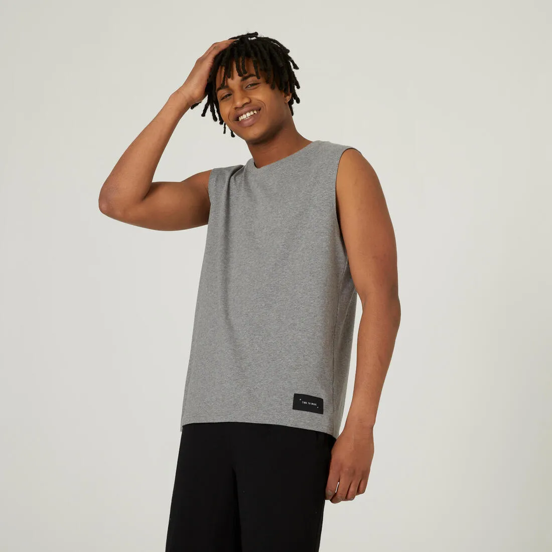 Men's Straight-Cut Crew Neck Stretchy Cotton Fitness Tank Top 500 Cosmeto