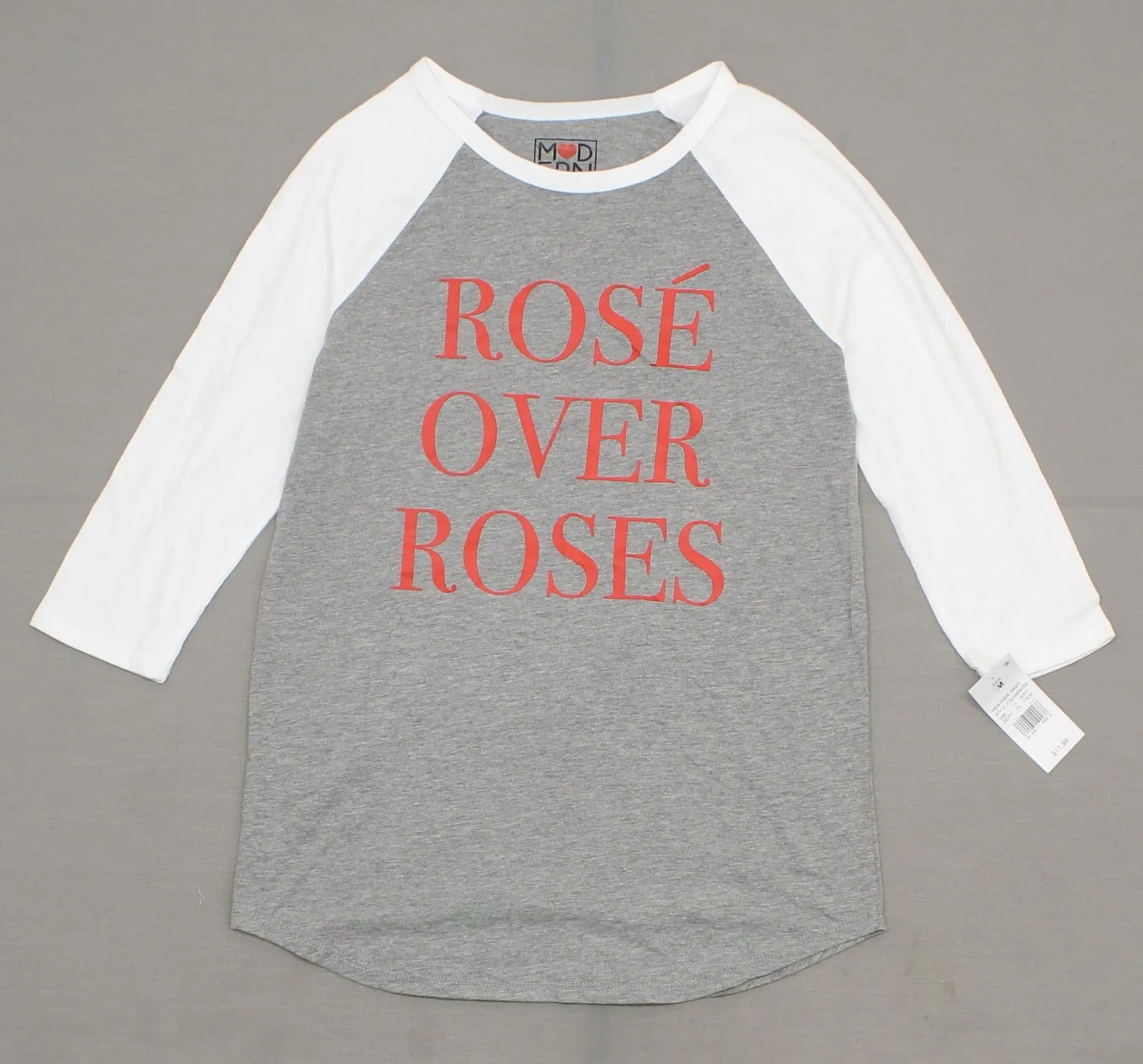Modern Lux Women's ROSE OVER ROSES Wine Raglan 3/4 Sleeve Baseball T-Shirt