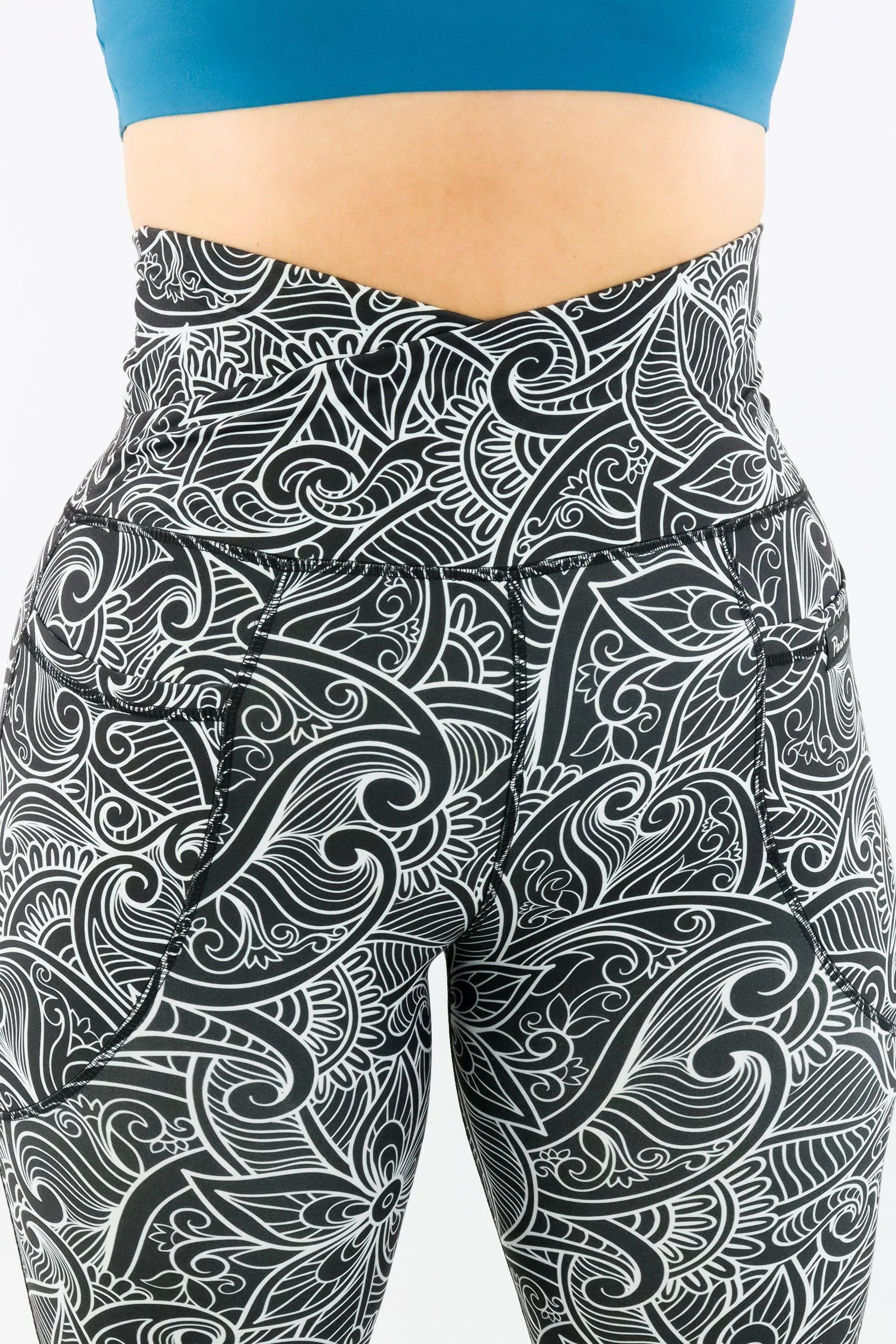 Monochrome Paisley - Long Flarey Leggings - Leg Pockets