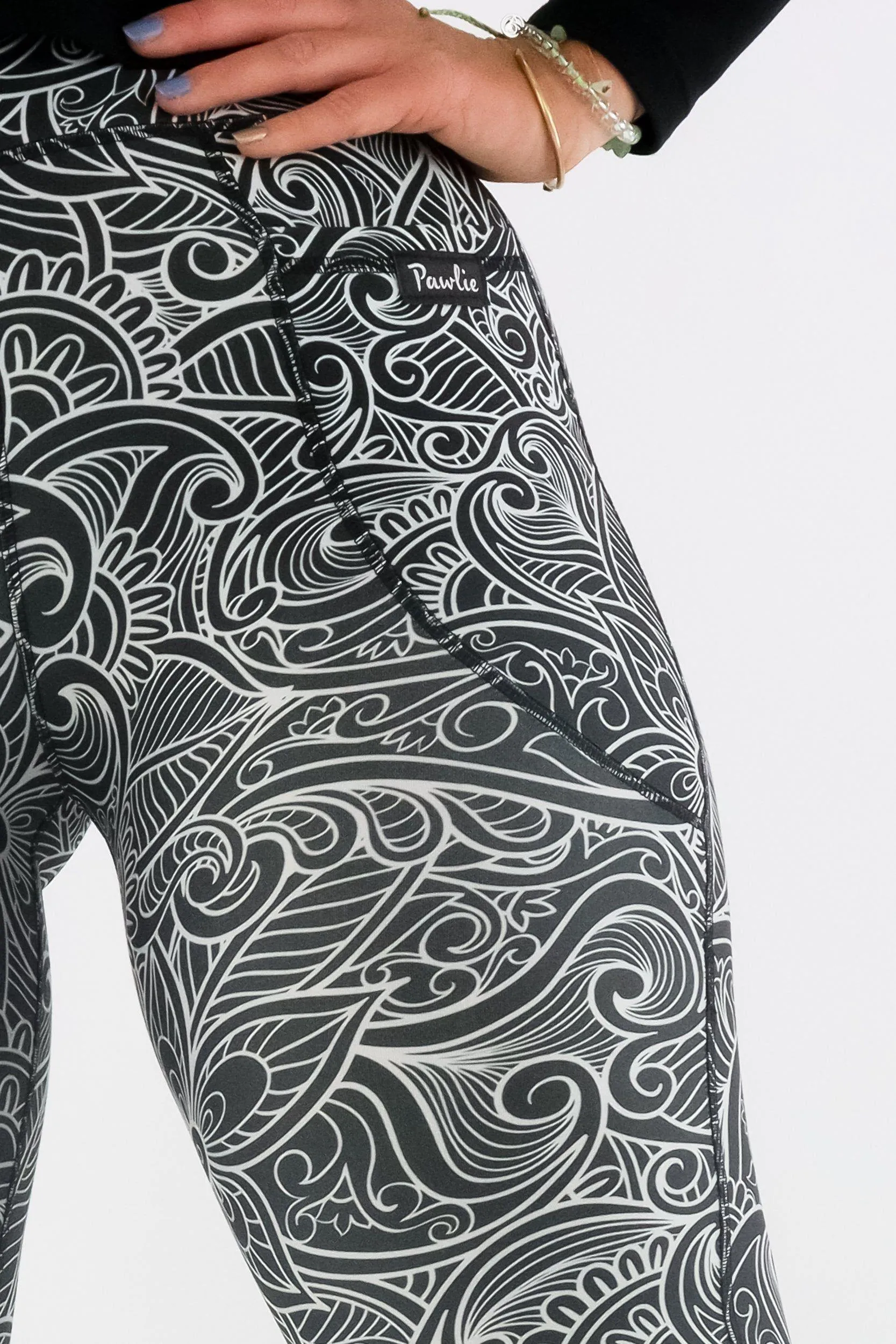 Monochrome Paisley - Long Flarey Leggings - Leg Pockets