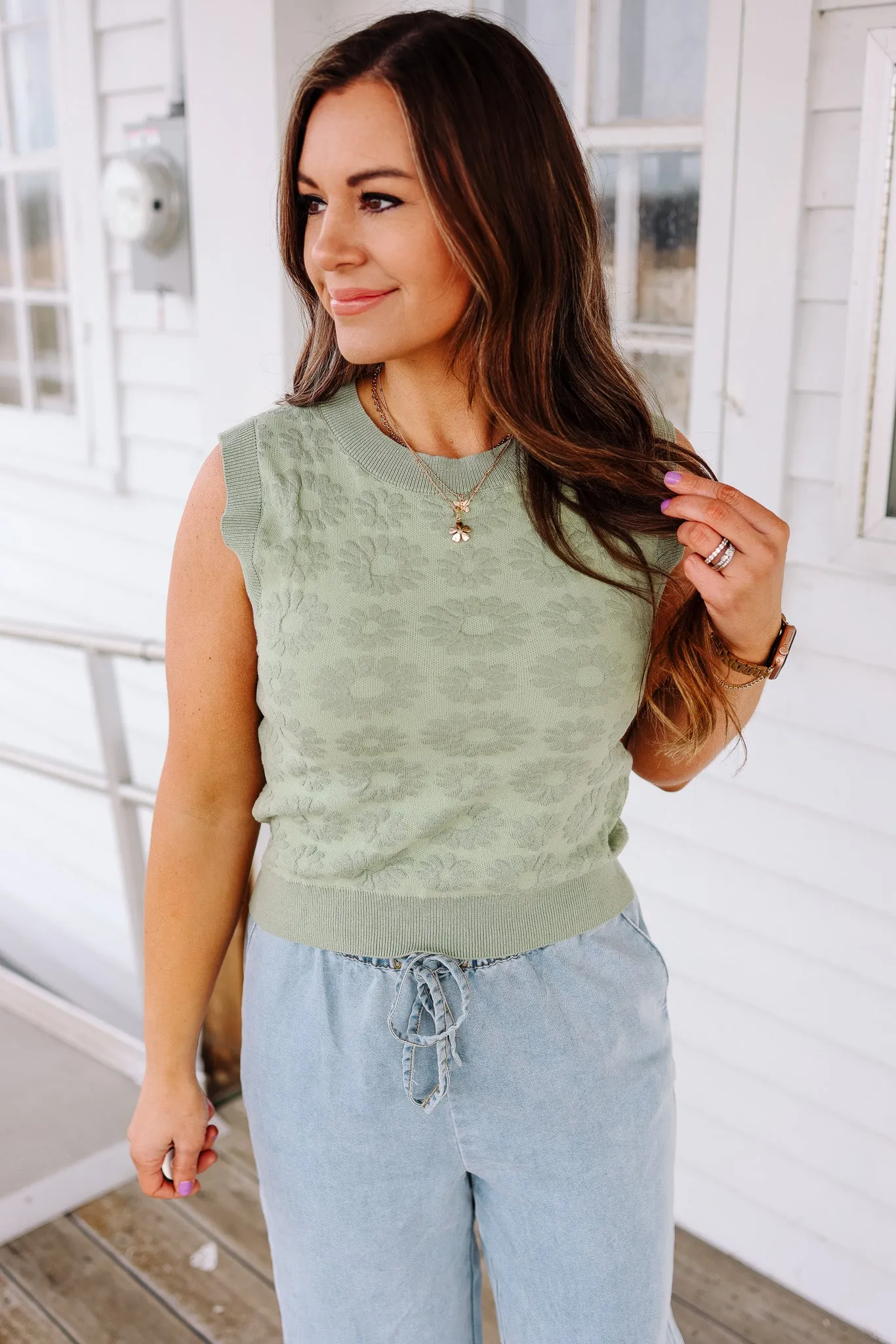 Quinn Floral Sweater Tank Top - Sage