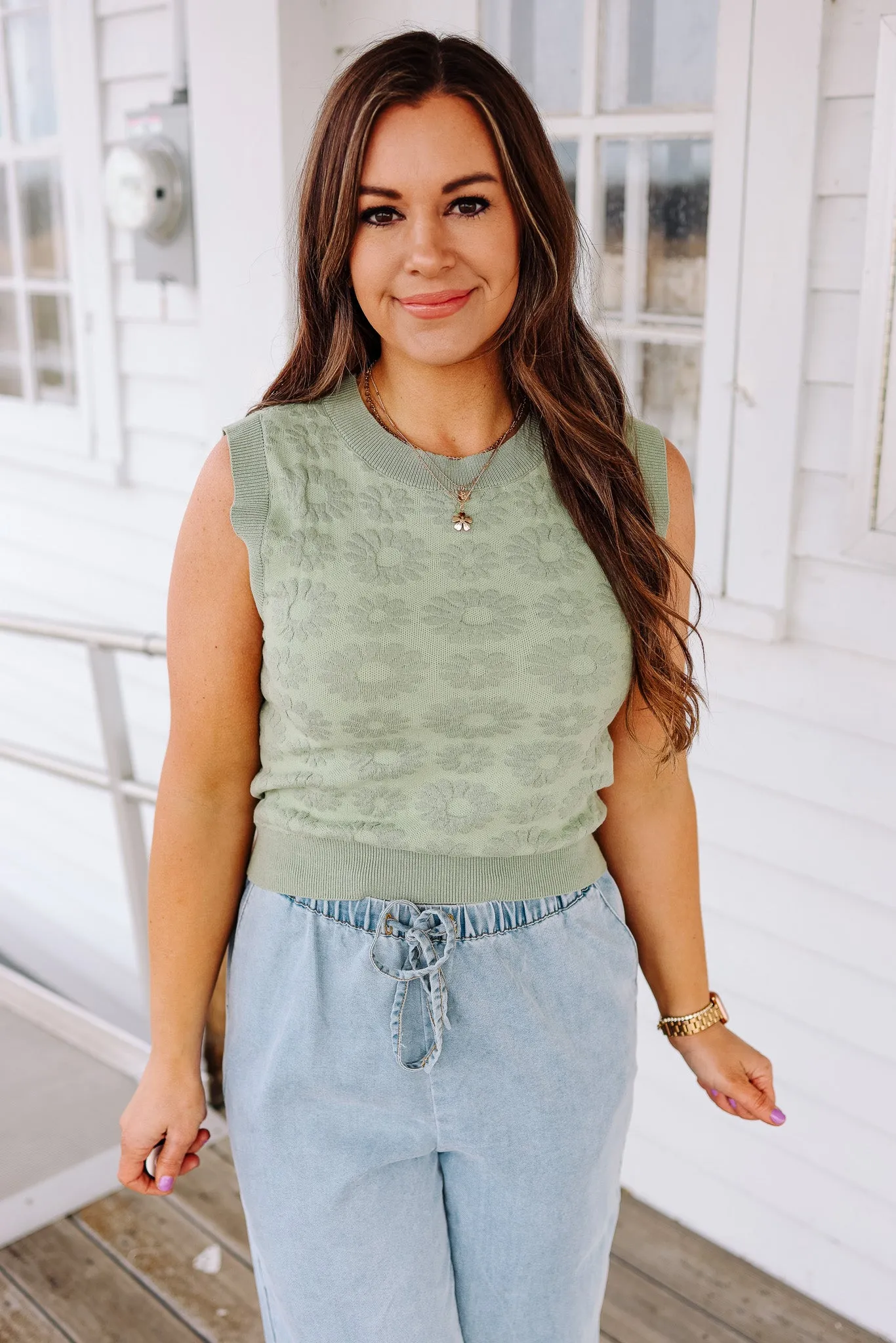 Quinn Floral Sweater Tank Top - Sage
