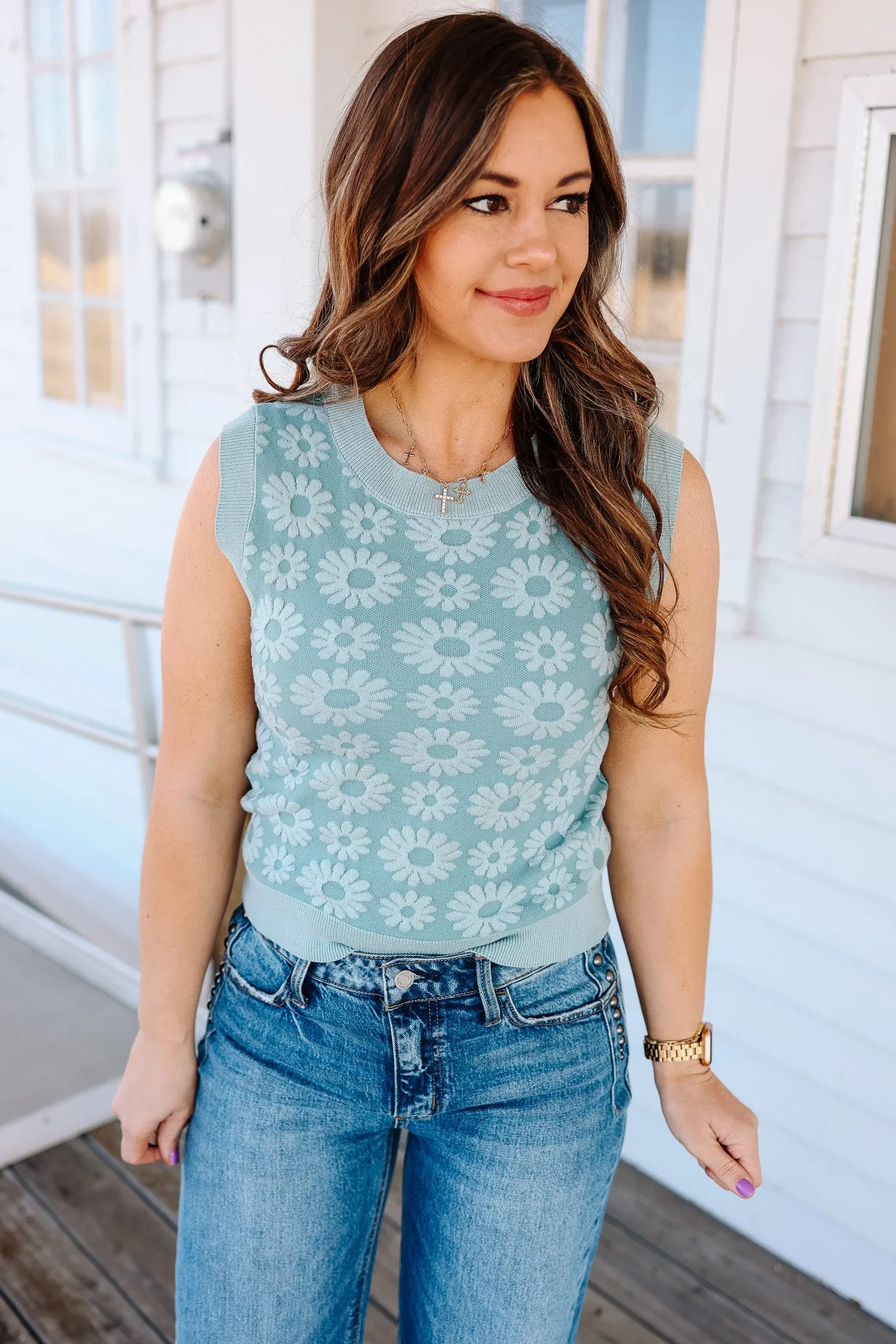 Quinn Floral Sweater Tank Top - Seafoam