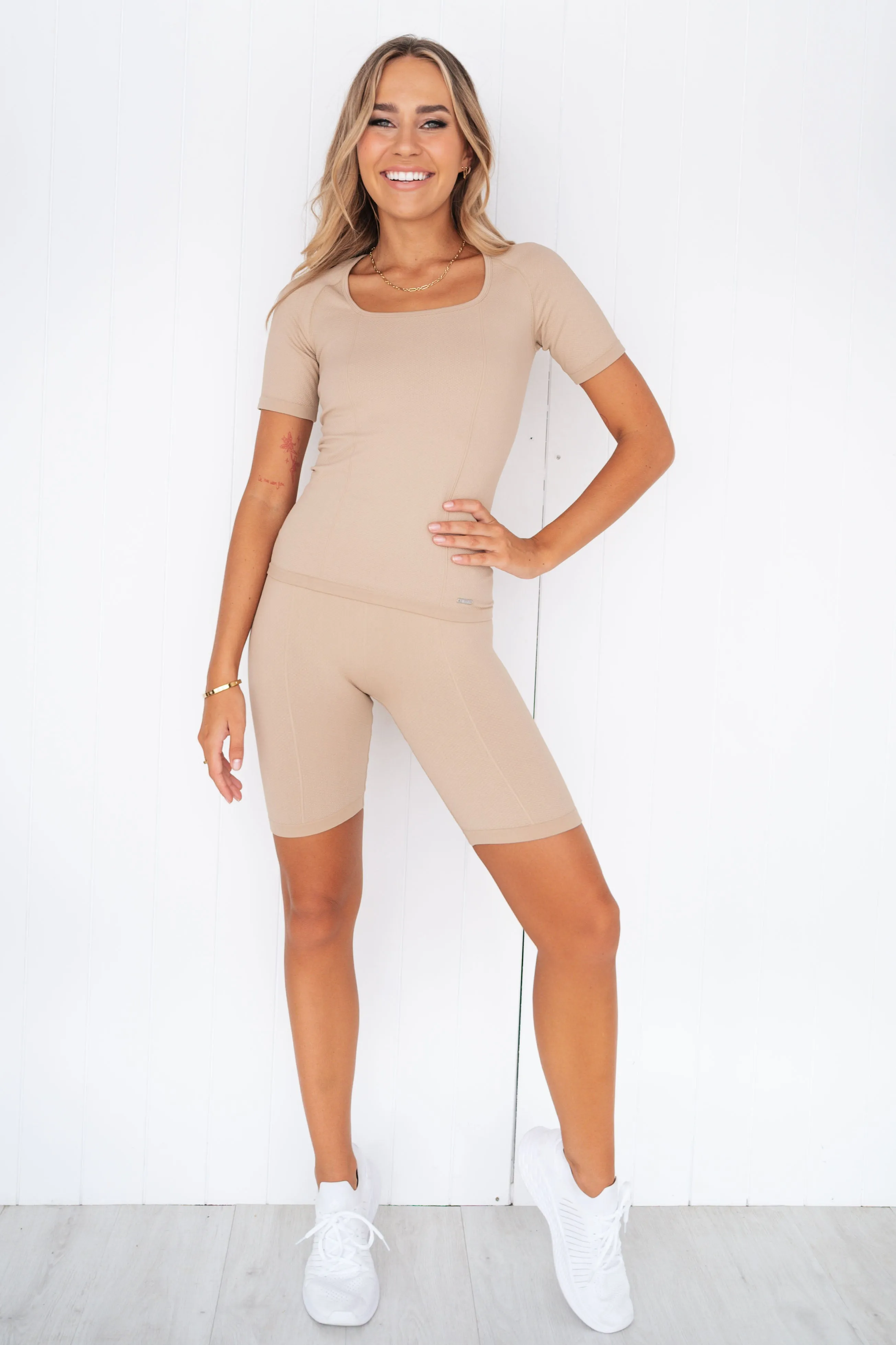 Solid Beige Luxe Seamless Short Sleeve