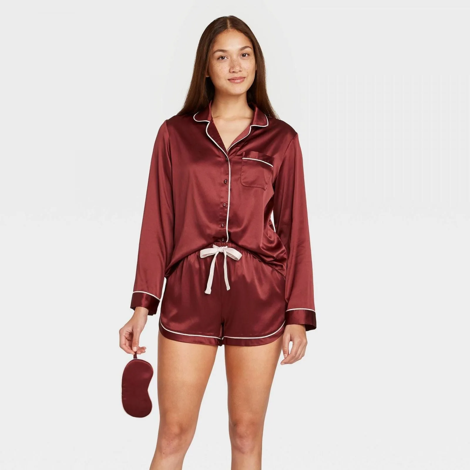 Stars Above Women's 2pc Satin Long Sleeve Top and Shorts Pajama Set Red XL