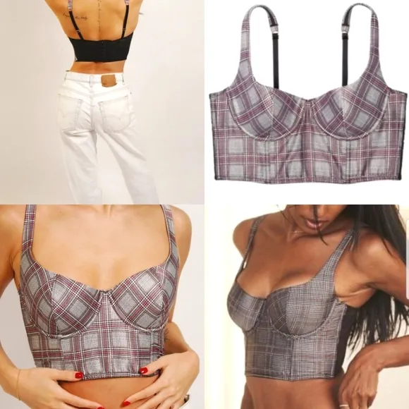 Victoria's Secret Longline Bustier Bra Plaid Houndstooth Crop Top Silk Satin NWT