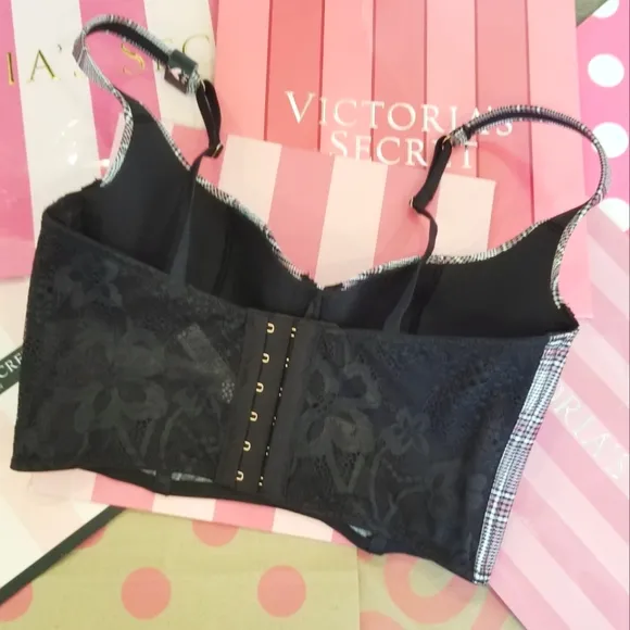 Victoria's Secret Longline Bustier Bra Plaid Houndstooth Crop Top Silk Satin NWT