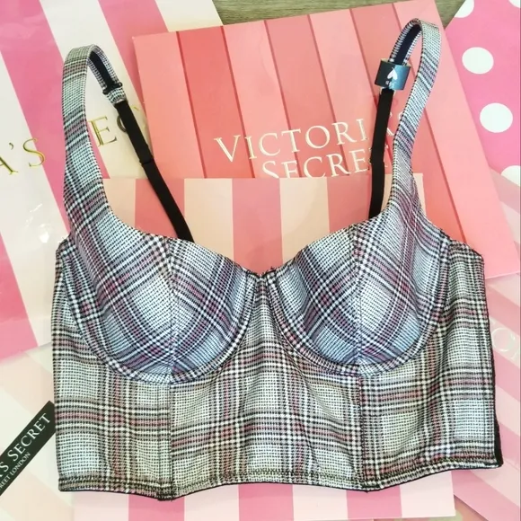 Victoria's Secret Longline Bustier Bra Plaid Houndstooth Crop Top Silk Satin NWT