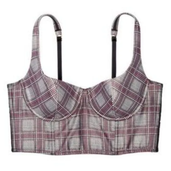 Victoria's Secret Longline Bustier Bra Plaid Houndstooth Crop Top Silk Satin NWT