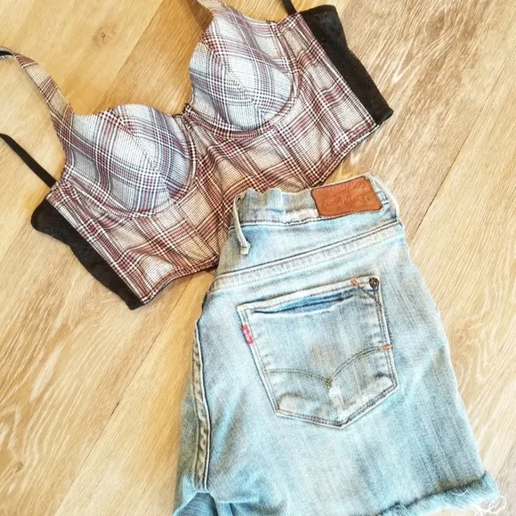 Victoria's Secret Longline Bustier Bra Plaid Houndstooth Crop Top Silk Satin NWT