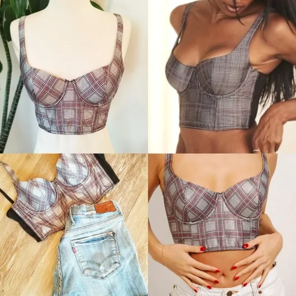Victoria's Secret Longline Bustier Bra Plaid Houndstooth Crop Top Silk Satin NWT