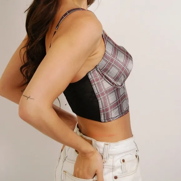 Victoria's Secret Longline Bustier Bra Plaid Houndstooth Crop Top Silk Satin NWT