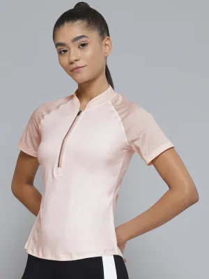 Women Pink Solid Mandarin Collar Raglan Sleeves T-shirt