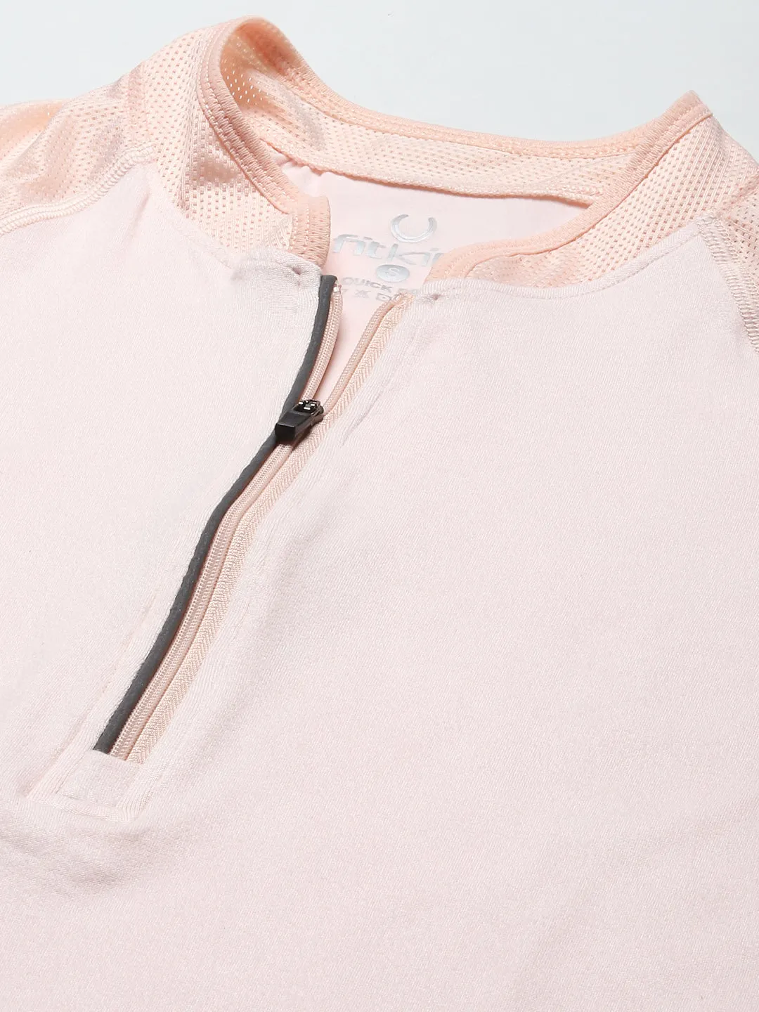 Women Pink Solid Mandarin Collar Raglan Sleeves T-shirt