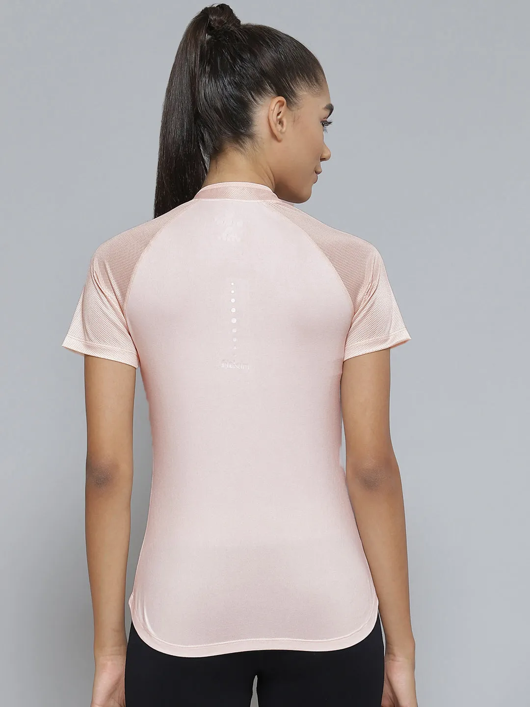 Women Pink Solid Mandarin Collar Raglan Sleeves T-shirt