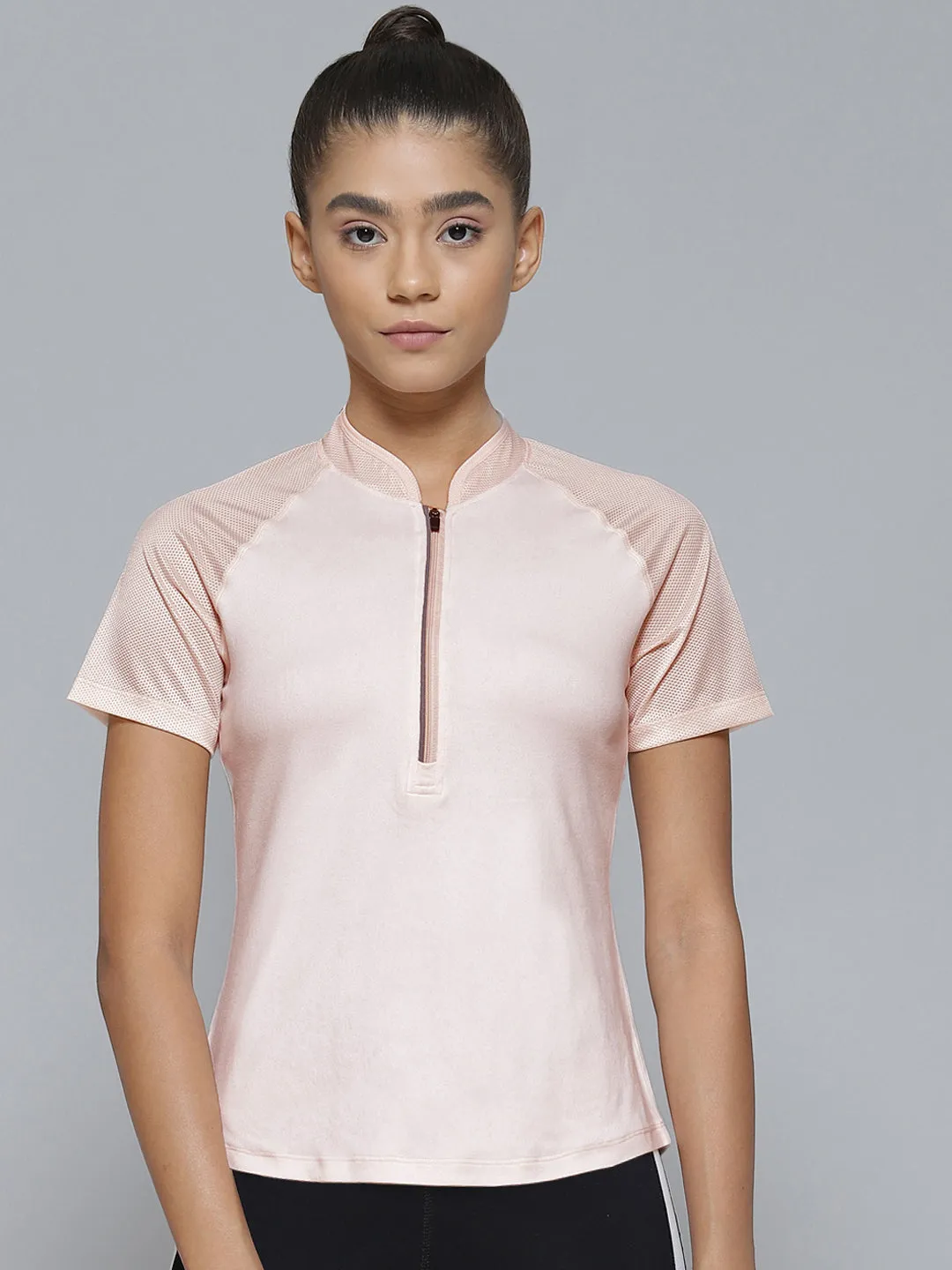 Women Pink Solid Mandarin Collar Raglan Sleeves T-shirt