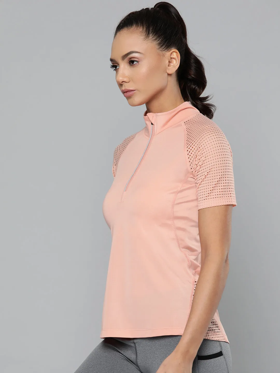 Women's Peach-Colored Slim Fit Training or Gym T-shirt