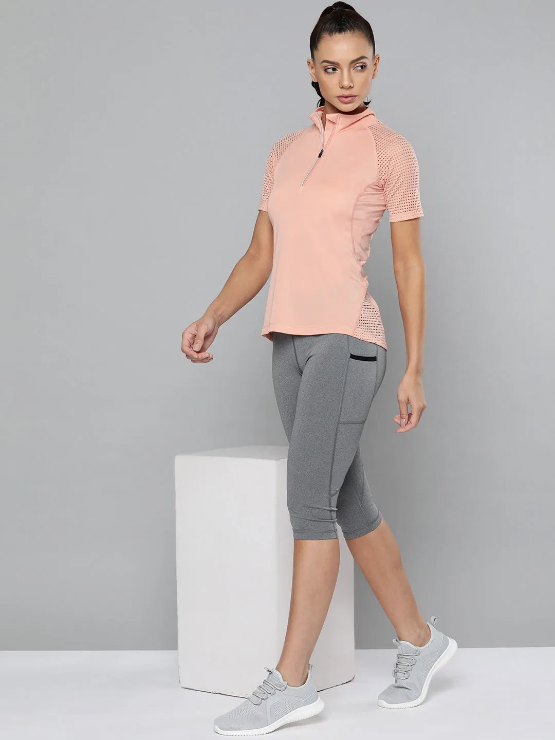 Women's Peach-Colored Slim Fit Training or Gym T-shirt