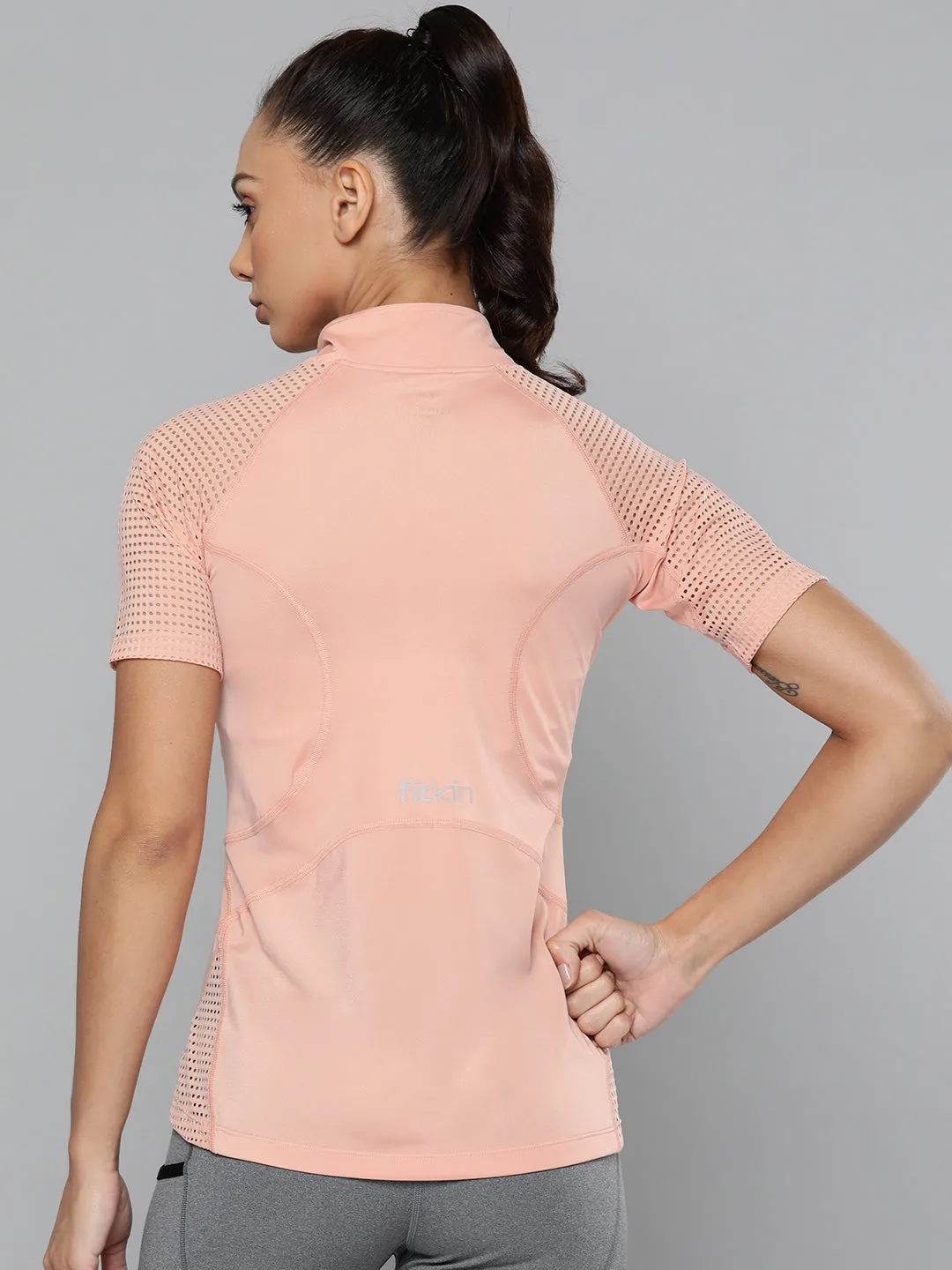 Women's Peach-Colored Slim Fit Training or Gym T-shirt