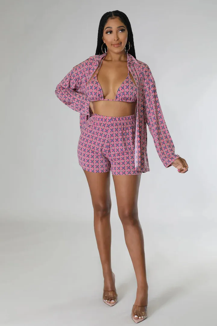Women's Triangle Top High Waisted Summer Pink Three Piece Short Set
