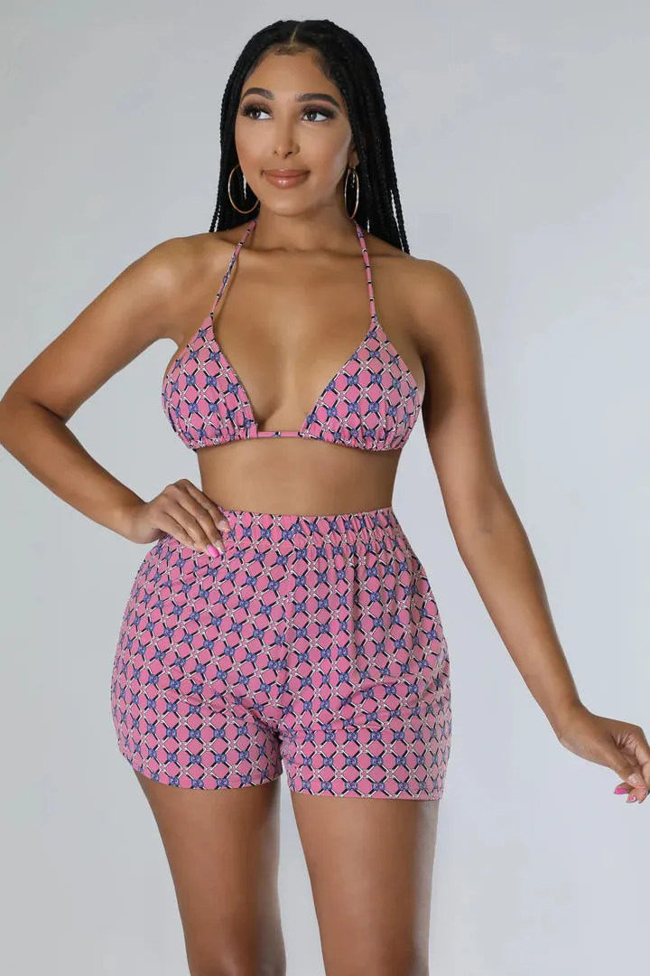 Women's Triangle Top High Waisted Summer Pink Three Piece Short Set