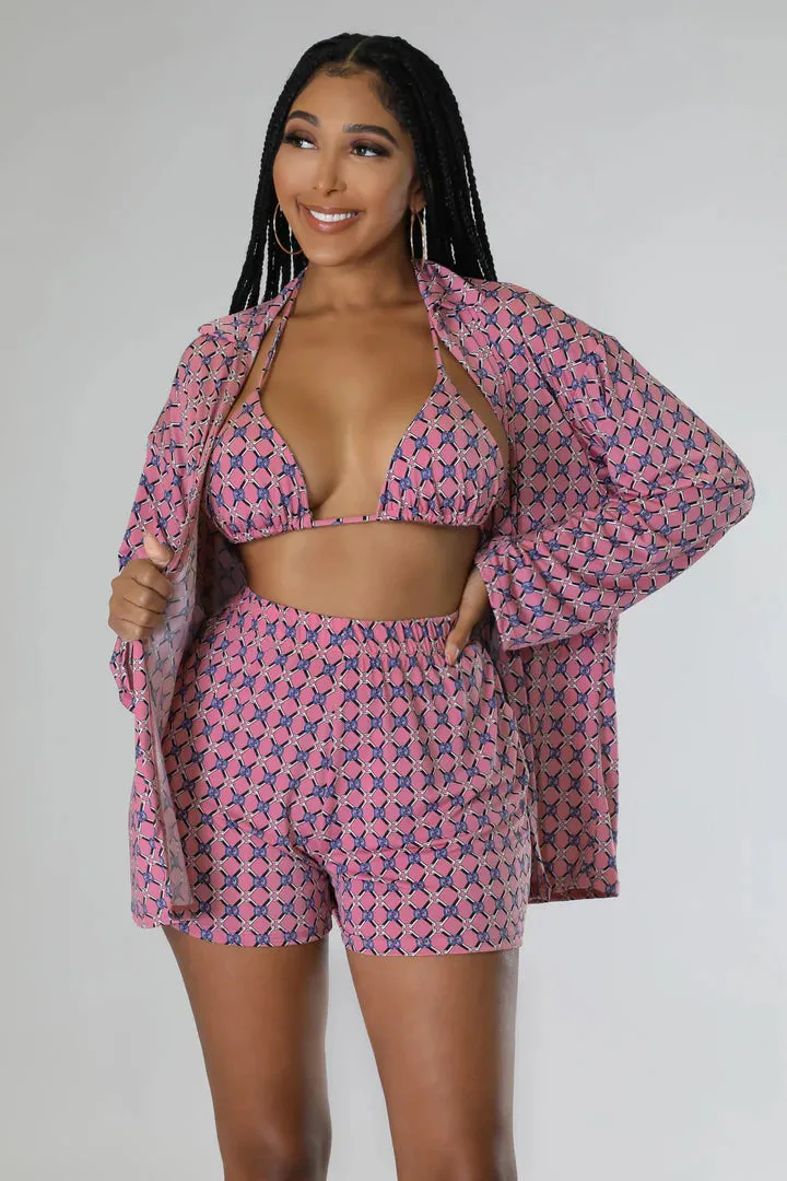 Women's Triangle Top High Waisted Summer Pink Three Piece Short Set