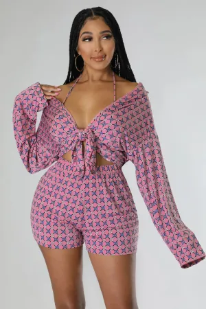 Women's Triangle Top High Waisted Summer Pink Three Piece Short Set