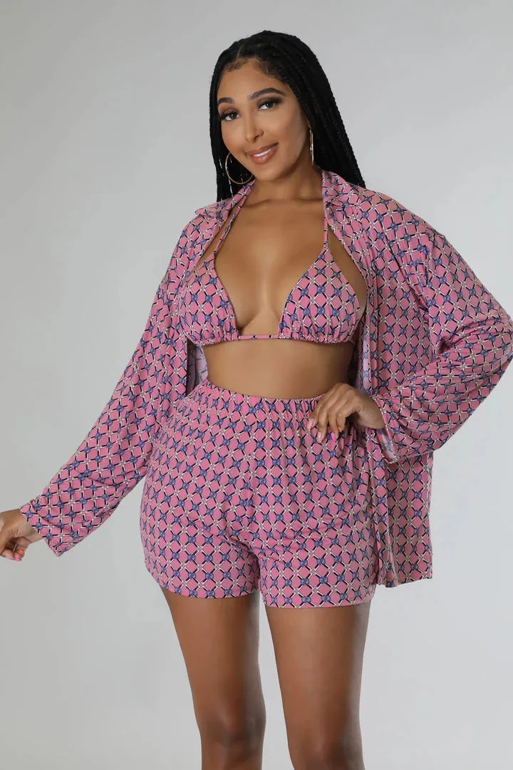 Women's Triangle Top High Waisted Summer Pink Three Piece Short Set